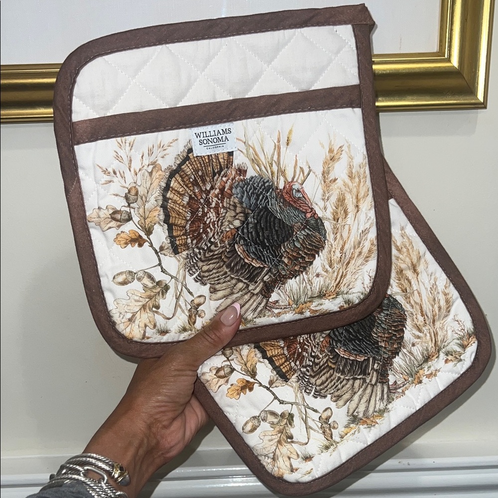 Williams Sonoma Turkey Design Pot Holders - Brown and Cream